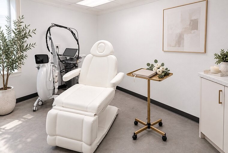 Editorial illustration inspired by the practice’s treatment room, with a planner and flowers. Editorial illustration of a bright white treatment room with a white reclining chair and a slim gold rolling tray holding a closed linen planner and a small bunch of white ranunculus with eucalyptus