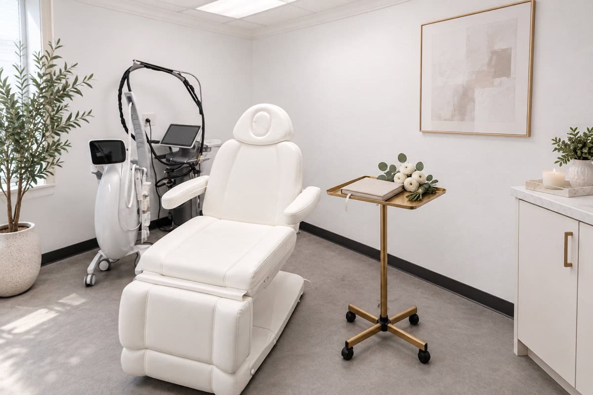 Editorial illustration of a bright white treatment room with a white reclining chair and a slim gold rolling tray holding a closed linen planner and a small bunch of white ranunculus with eucalyptus Editorial illustration of a bright white treatment room with a white reclining chair and a slim gold rolling tray holding a closed linen planner and a small bunch of white ranunculus with eucalyptus